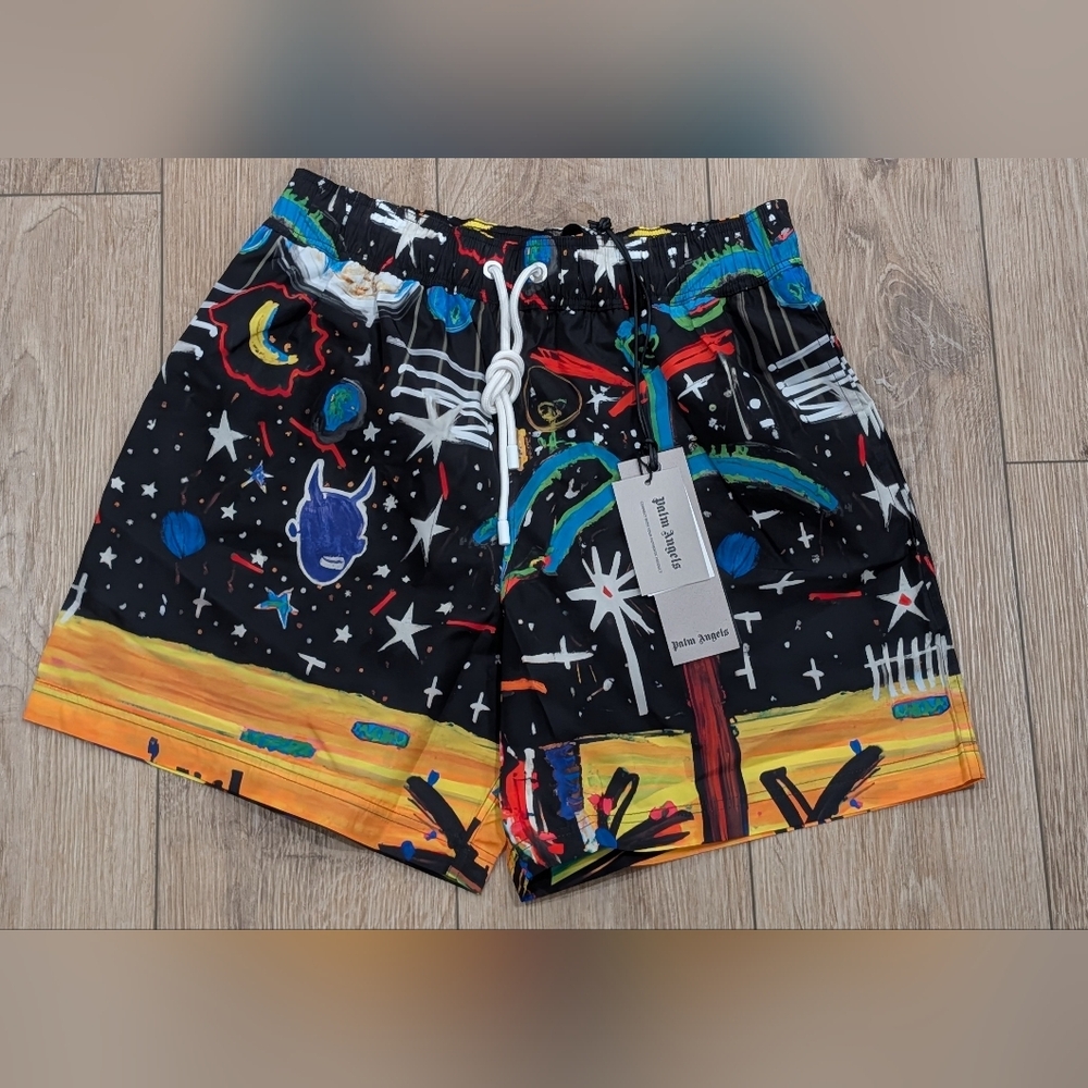 $405 Mens Palm Angels Starry Night Swim Shorts Trunks Black Multi Small